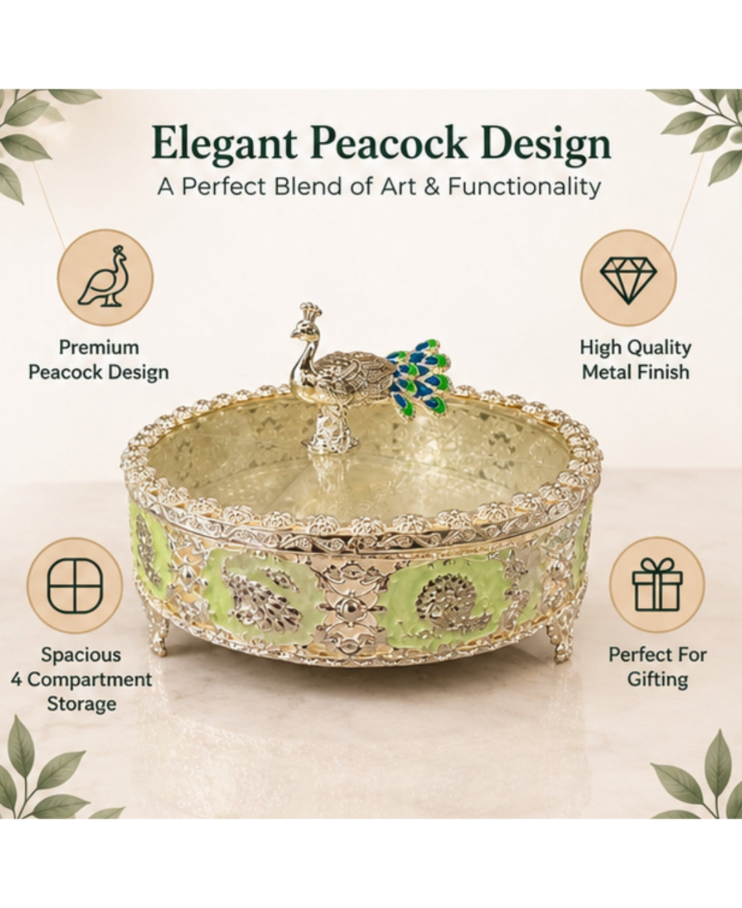 German Silver Peacock Dry Fruit Box - Mint Green Enamel