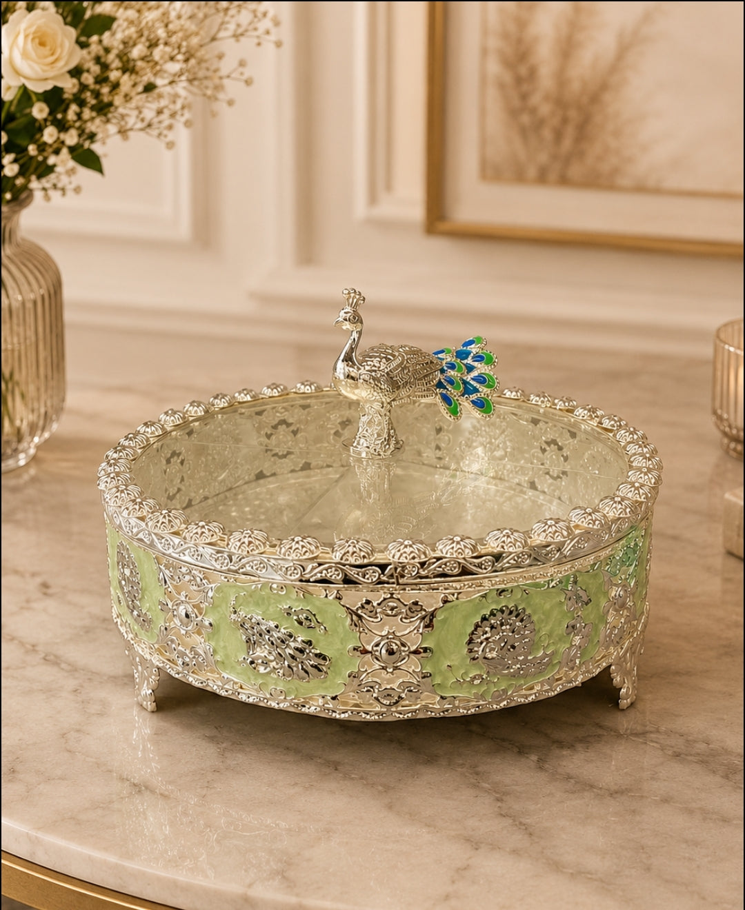 German Silver Peacock Dry Fruit Box - Mint Green Enamel