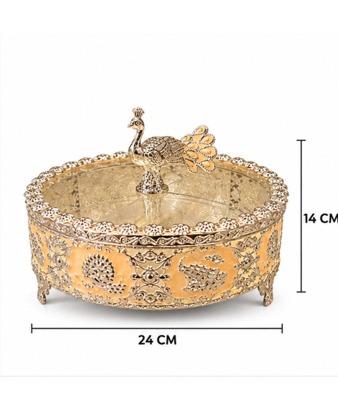 German Silver Peacock Dry Fruit Box - Saffron Orange Enamel