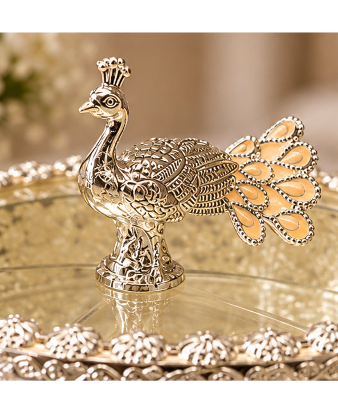 German Silver Peacock Dry Fruit Box - Saffron Orange Enamel