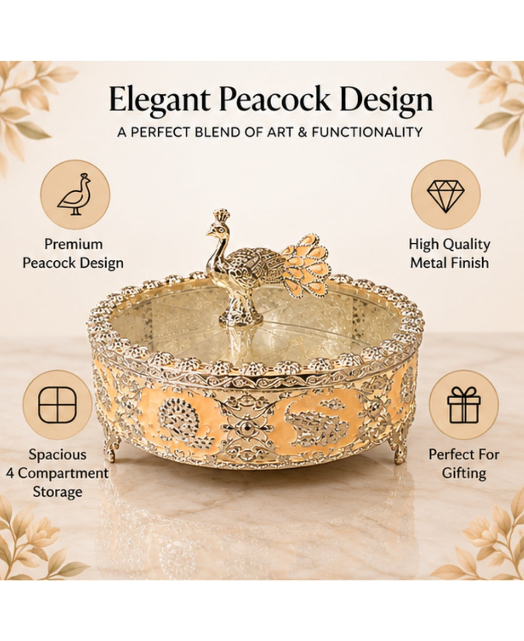 German Silver Peacock Dry Fruit Box - Saffron Orange Enamel