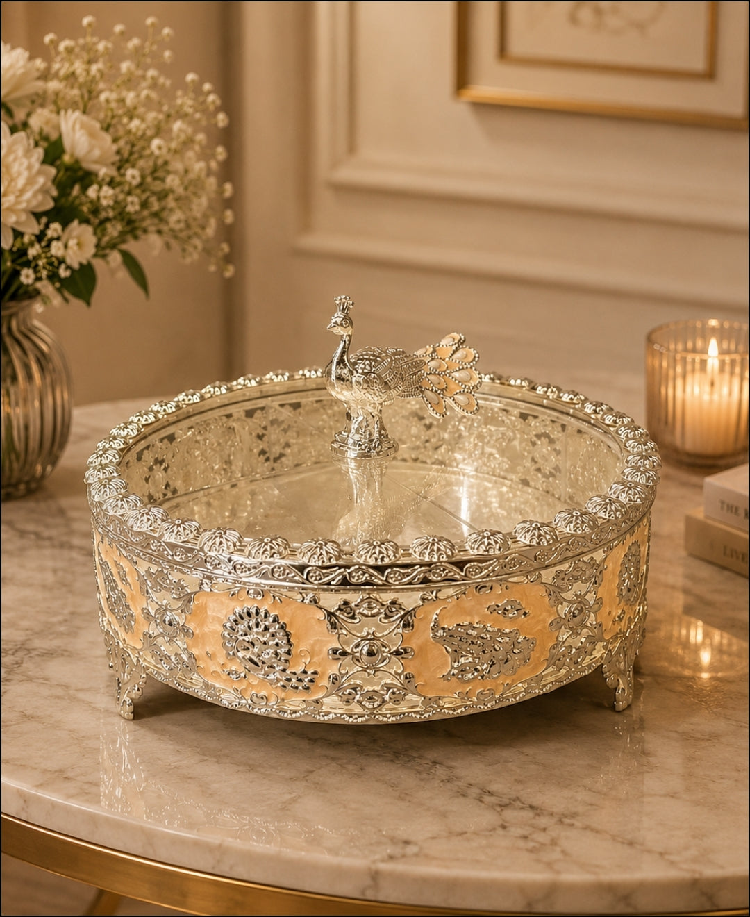 German Silver Peacock Dry Fruit Box - Saffron Orange Enamel
