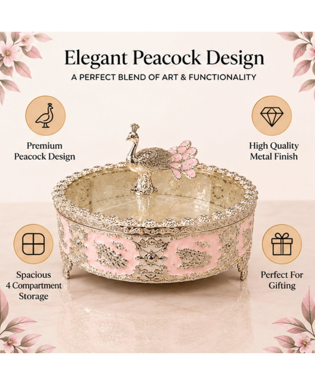 German Silver Peacock Dry Fruit Box – lilac pink Enamel