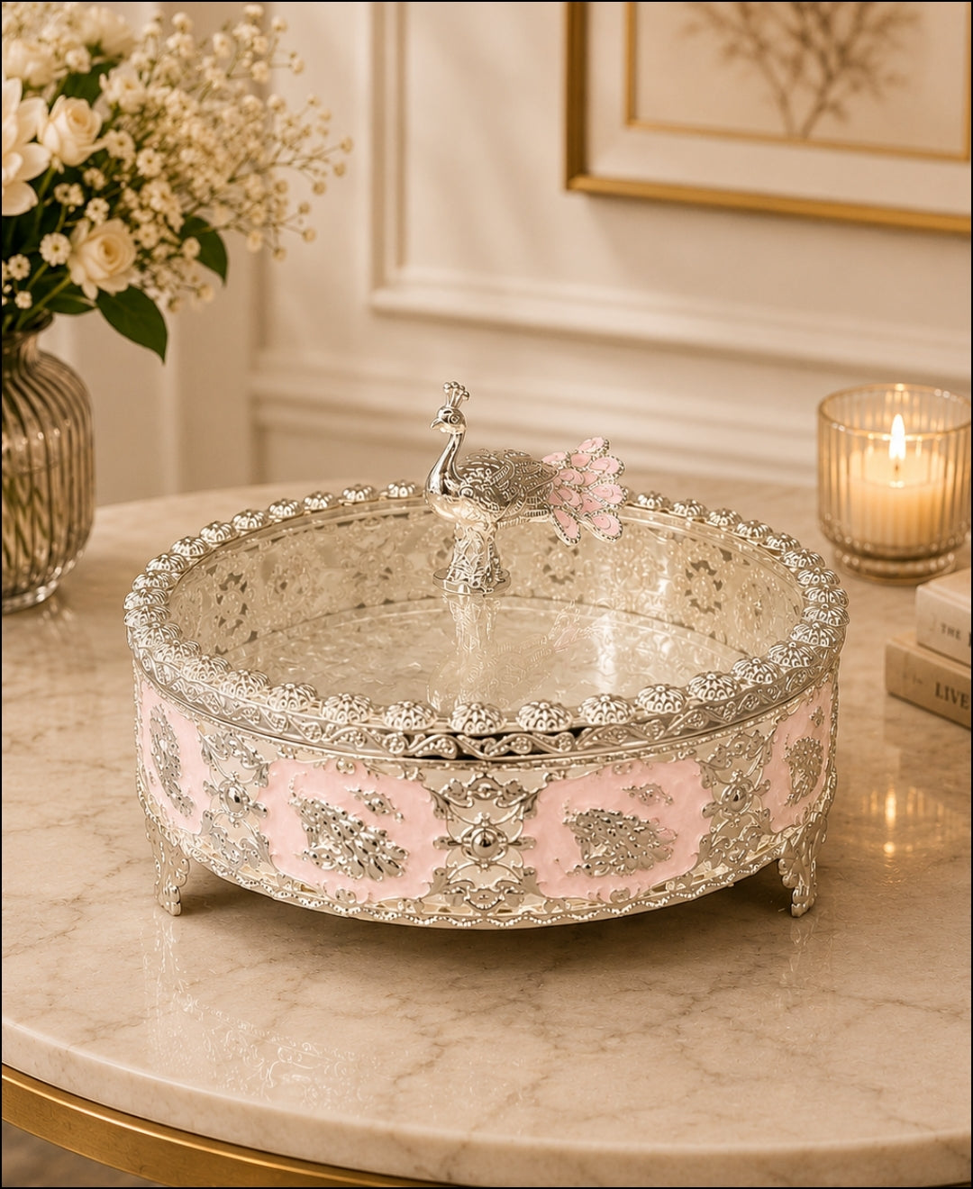German Silver Peacock Dry Fruit Box – lilac pink Enamel