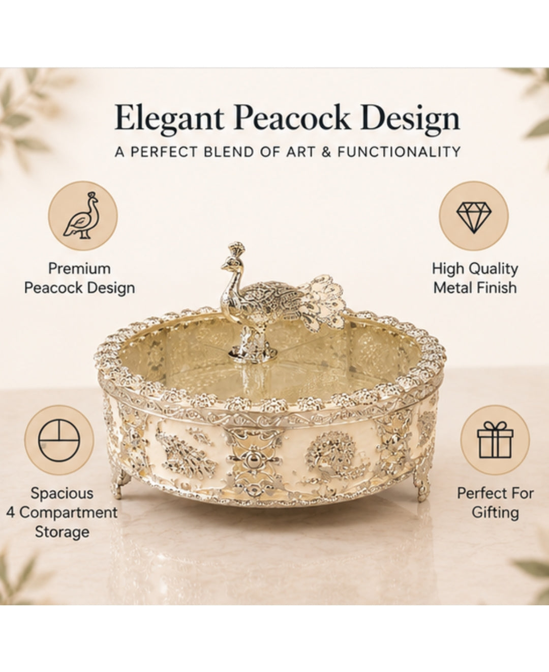 German Silver Peacock Dry Fruit Box - Pearl White Enamel