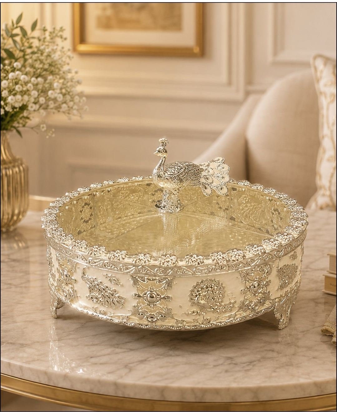 German Silver Peacock Dry Fruit Box - Pearl White Enamel