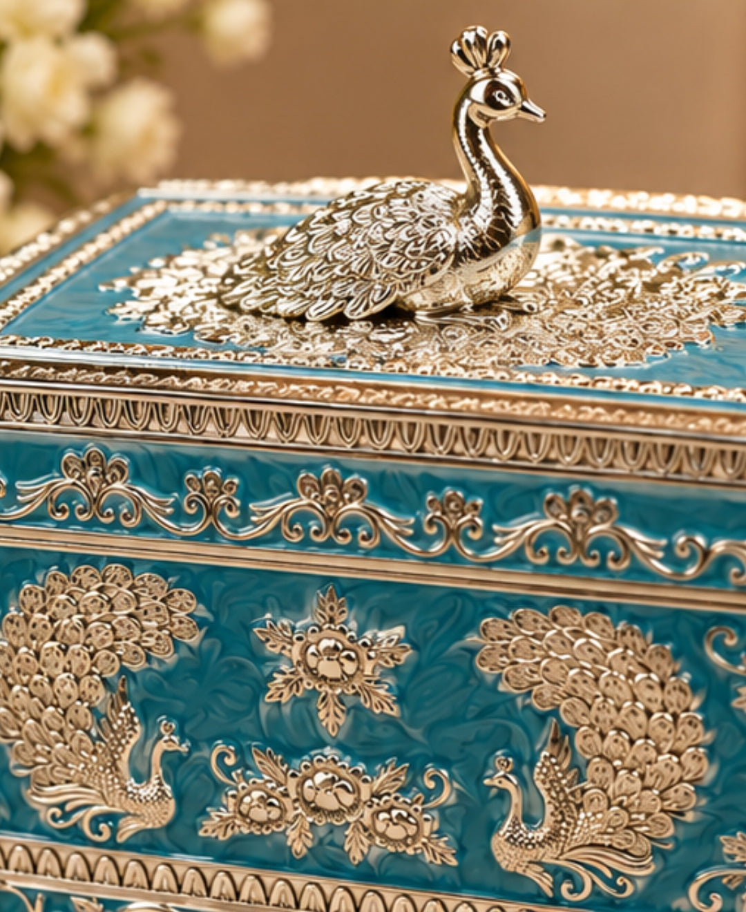 German Silver Peacock Jewellery Box – Sky Blue Enamel