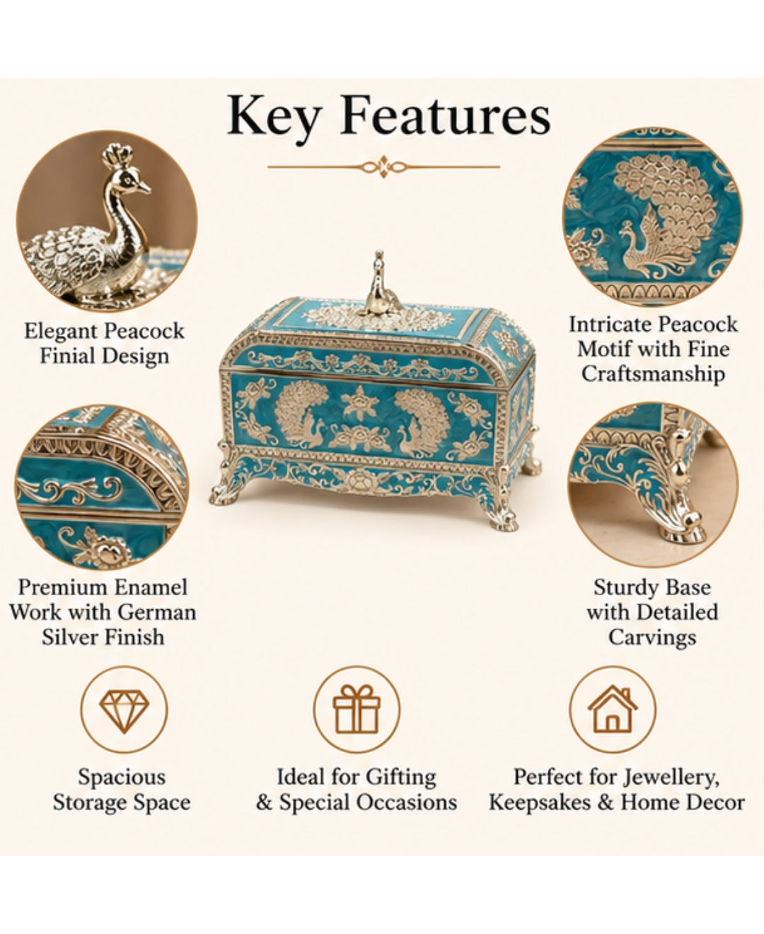 German Silver Peacock Jewellery Box – Sky Blue Enamel