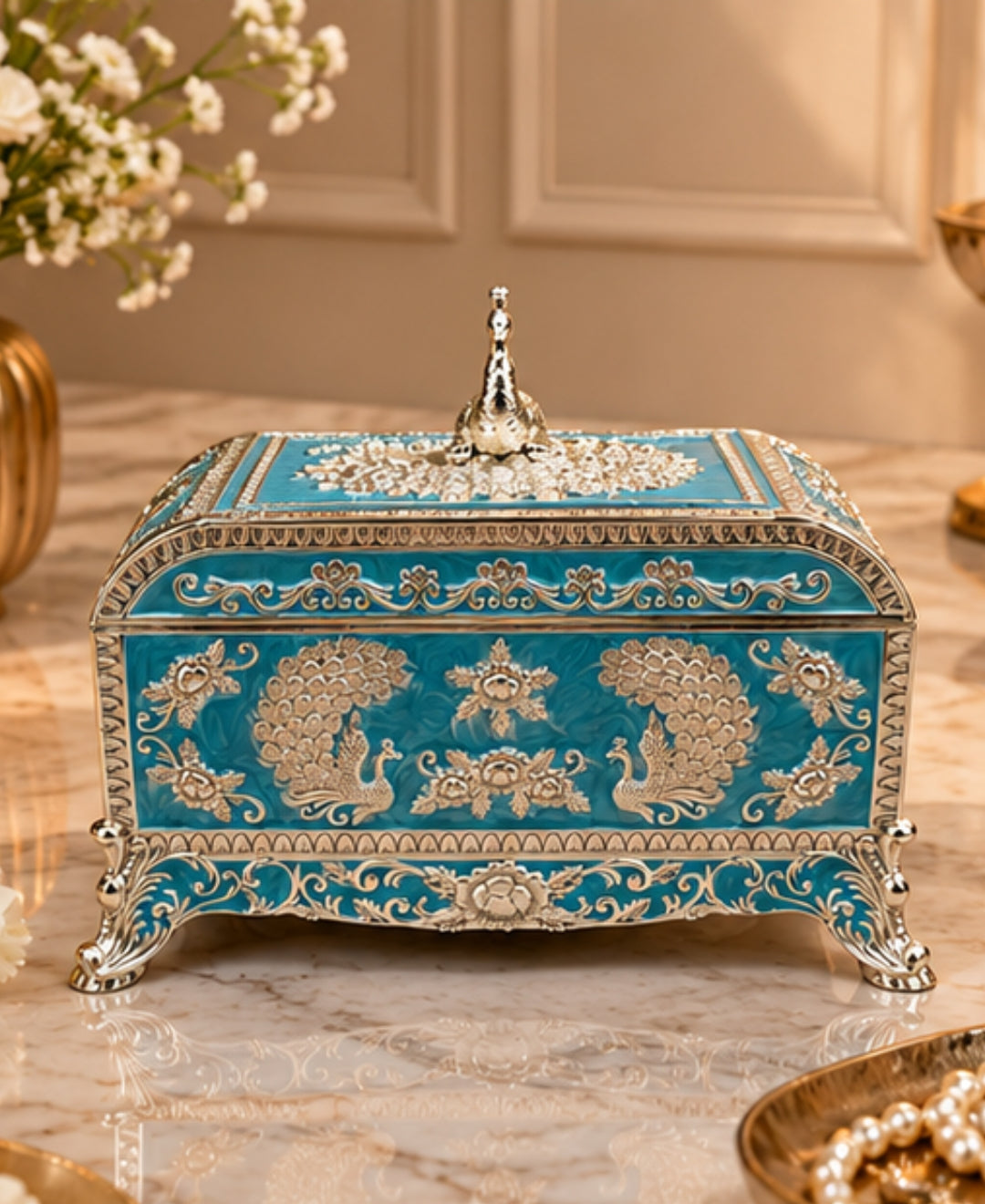 German Silver Peacock Jewellery Box – Sky Blue Enamel