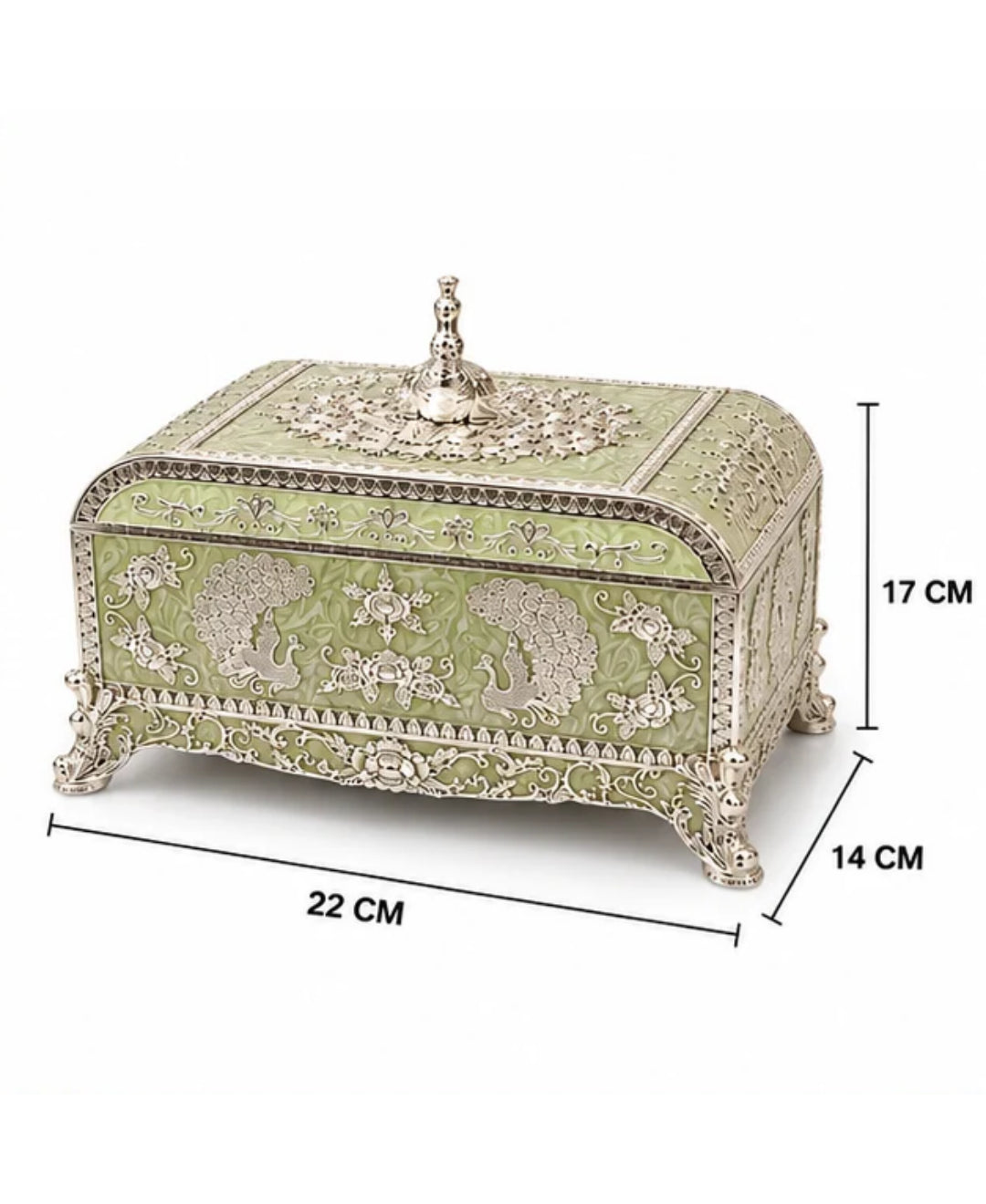 German Silver Peacock Jewellery Box – Mint Green Enamel