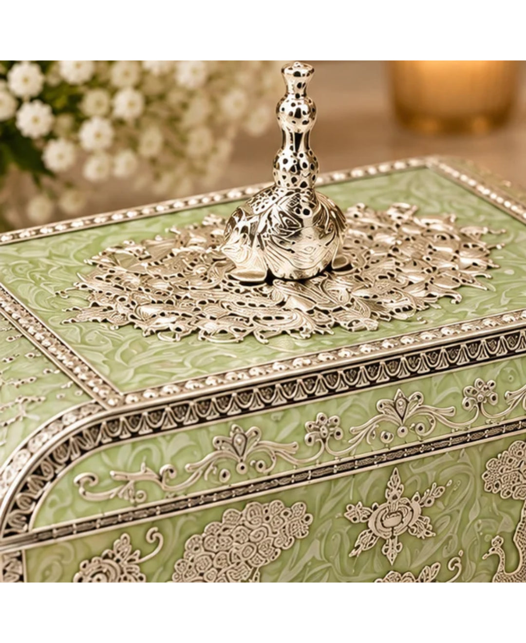 German Silver Peacock Jewellery Box – Mint Green Enamel