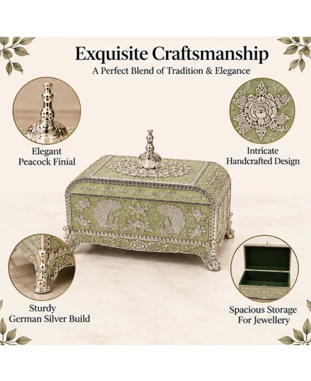 German Silver Peacock Jewellery Box – Mint Green Enamel
