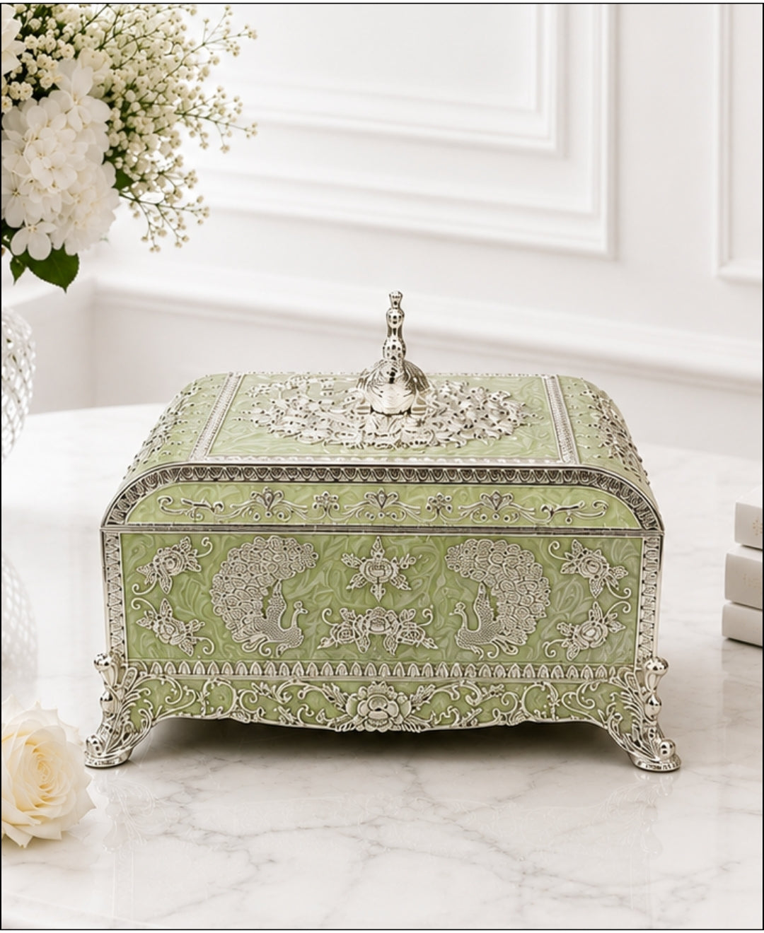 German Silver Peacock Jewellery Box – Mint Green Enamel