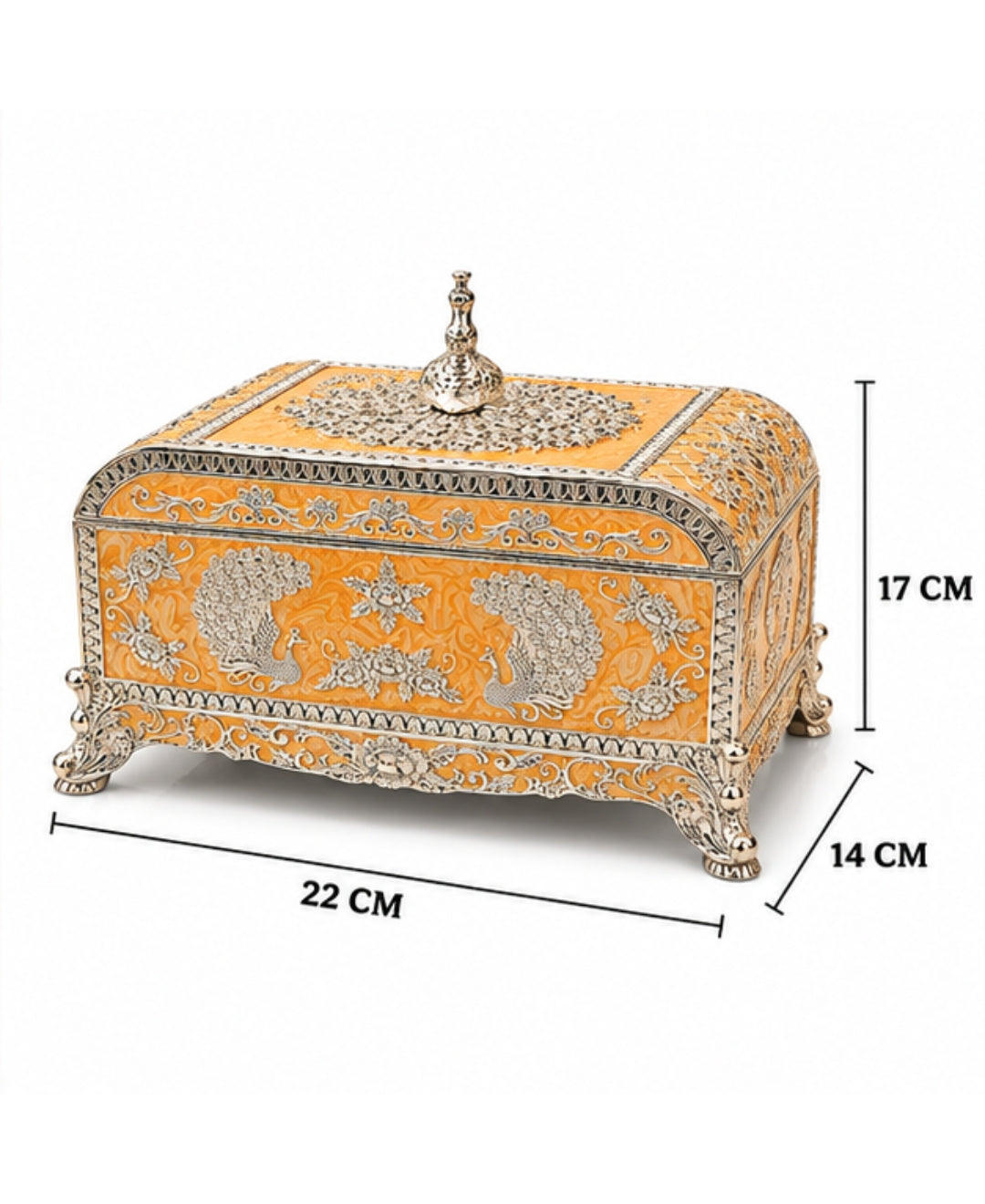 German Silver Peacock Jewellery Box –  Saffron Orange Enamel