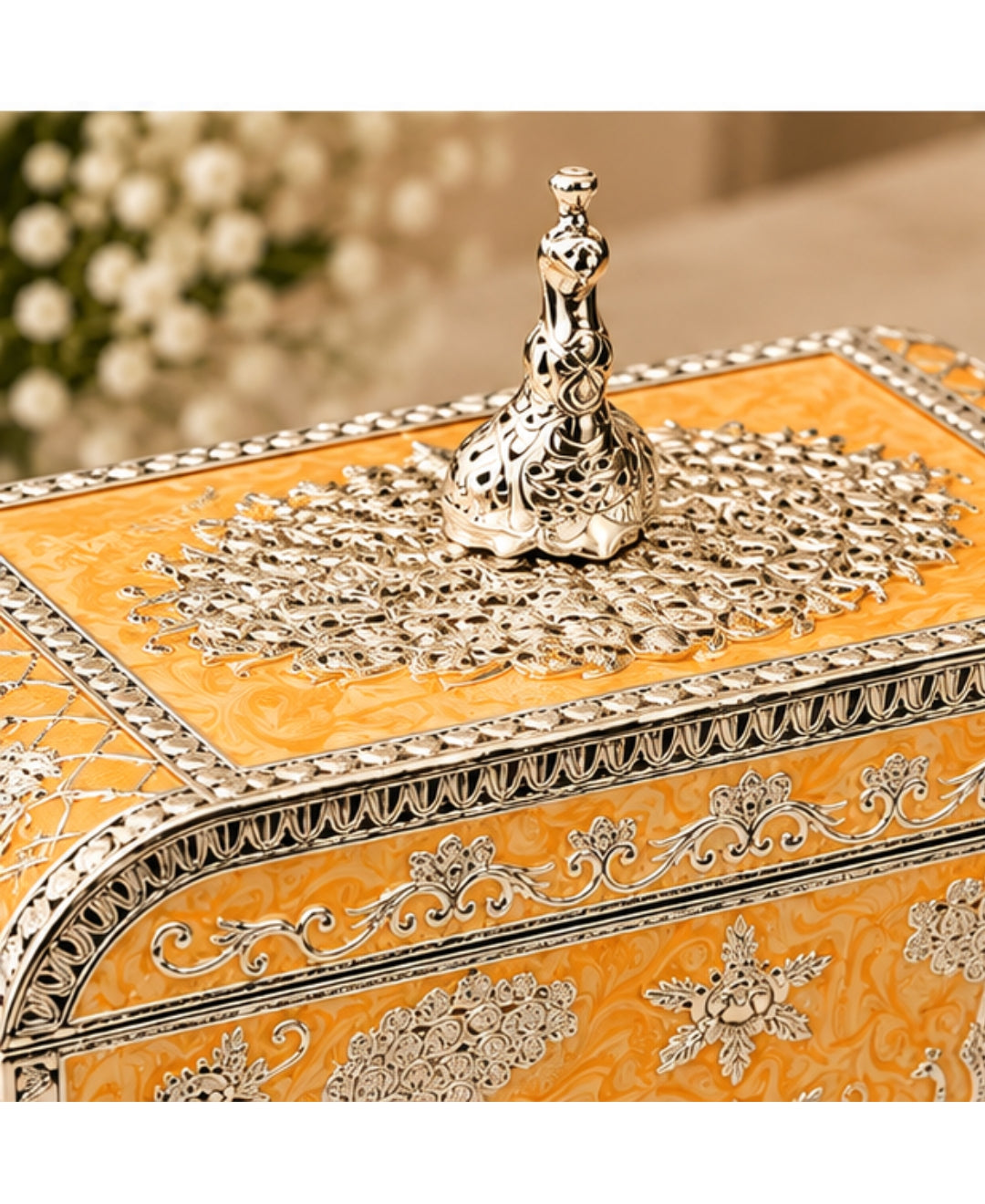 German Silver Peacock Jewellery Box –  Saffron Orange Enamel