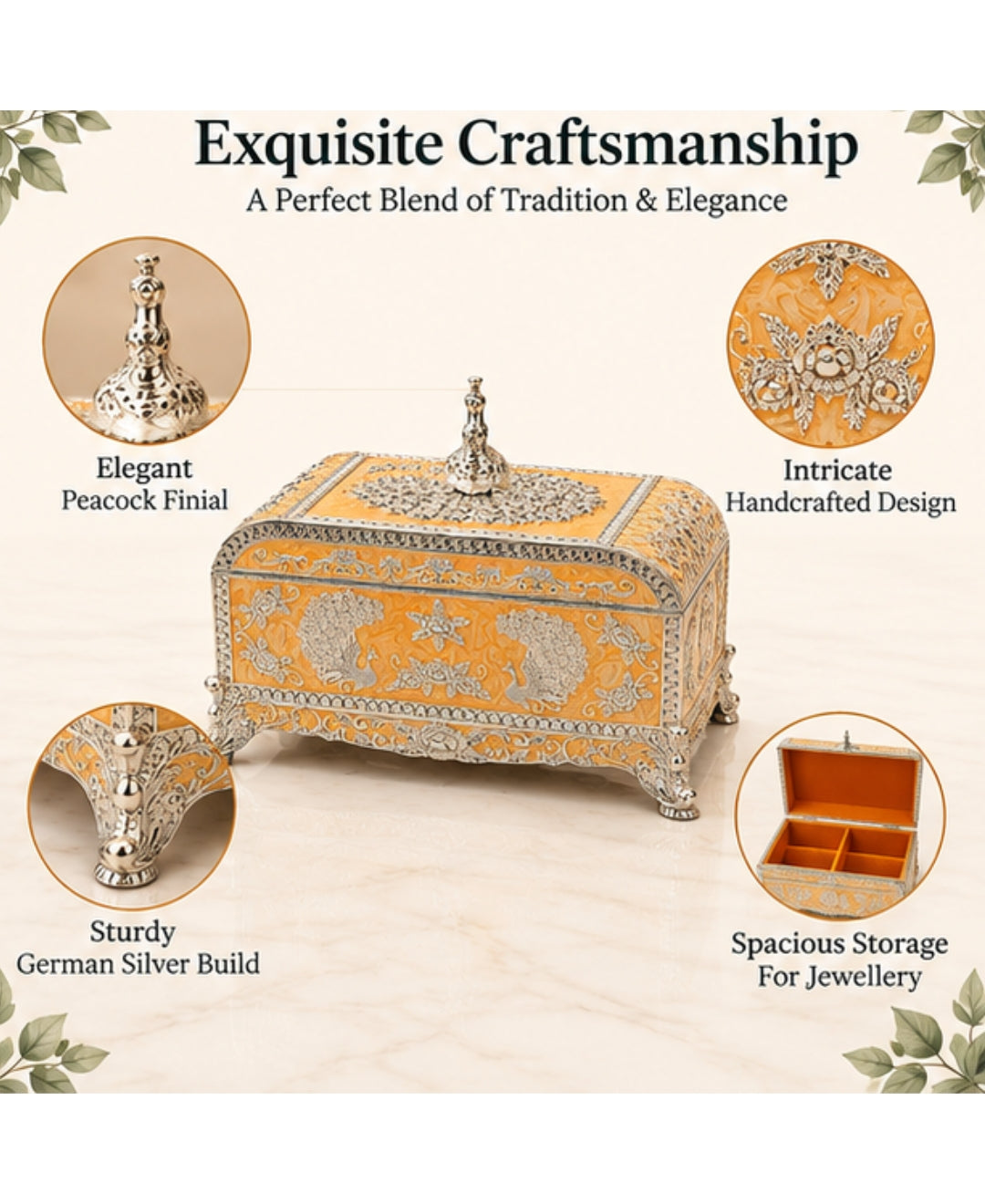 German Silver Peacock Jewellery Box –  Saffron Orange Enamel