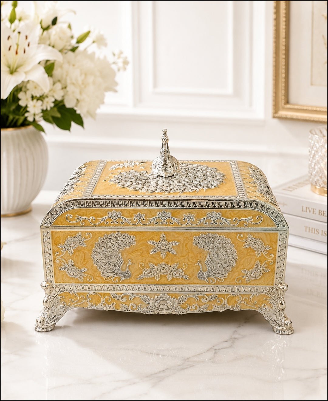 German Silver Peacock Jewellery Box –  Saffron Orange Enamel