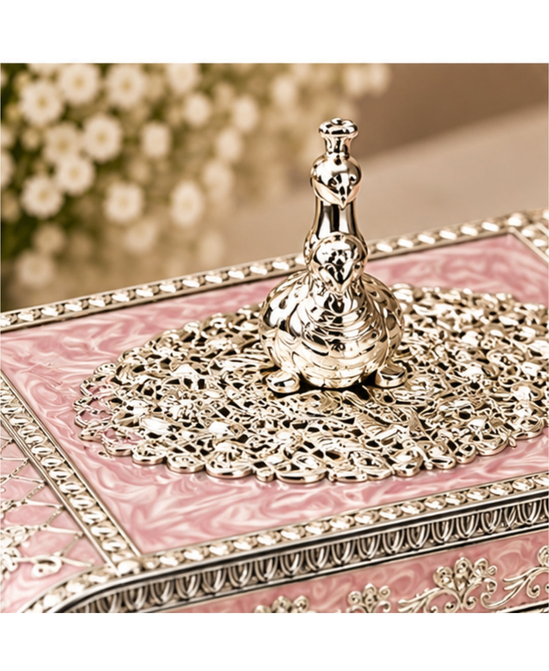 German Silver Peacock Jewellery Box –  Lilac pink Enamel