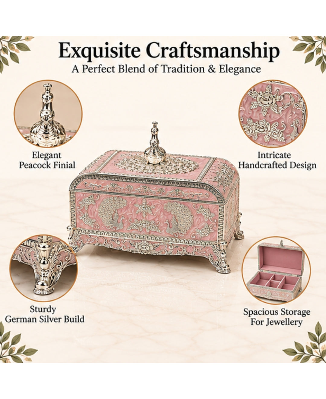 German Silver Peacock Jewellery Box –  Lilac pink Enamel