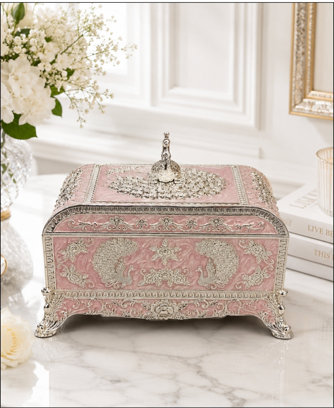 German Silver Peacock Jewellery Box –  Lilac pink Enamel