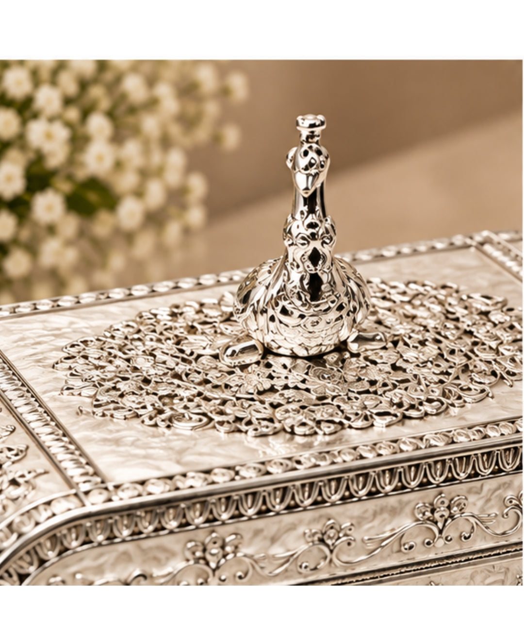 German Silver Peacock Jewellery Box – Pearl White Enamel