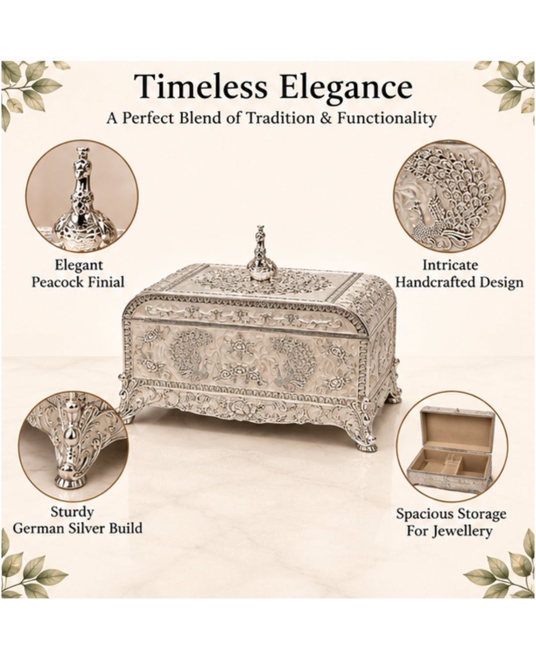 German Silver Peacock Jewellery Box – Pearl White Enamel
