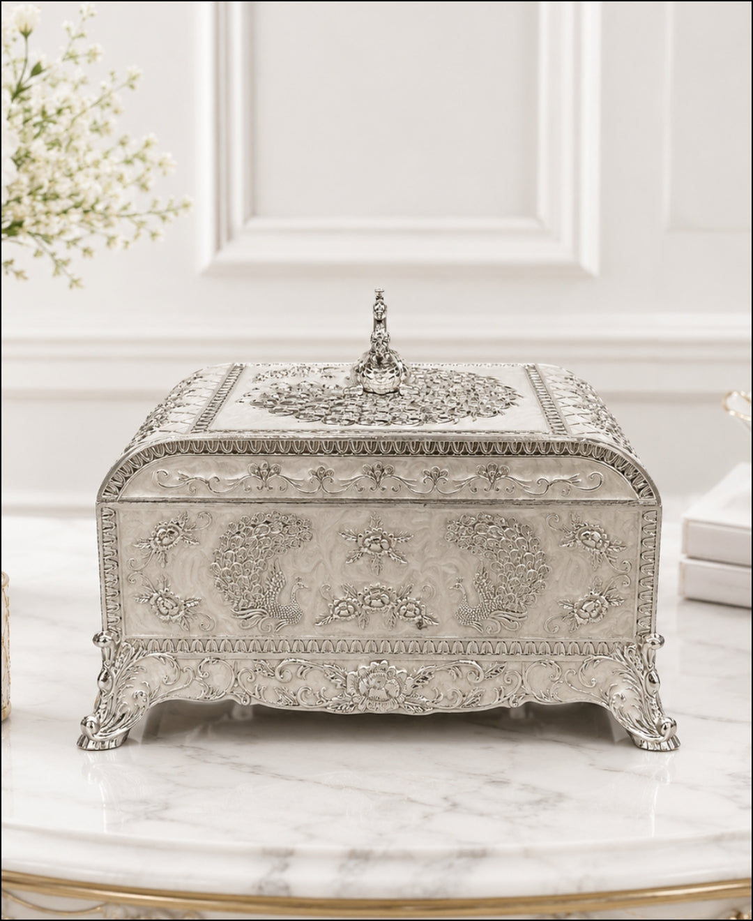 German Silver Peacock Jewellery Box – Pearl White Enamel