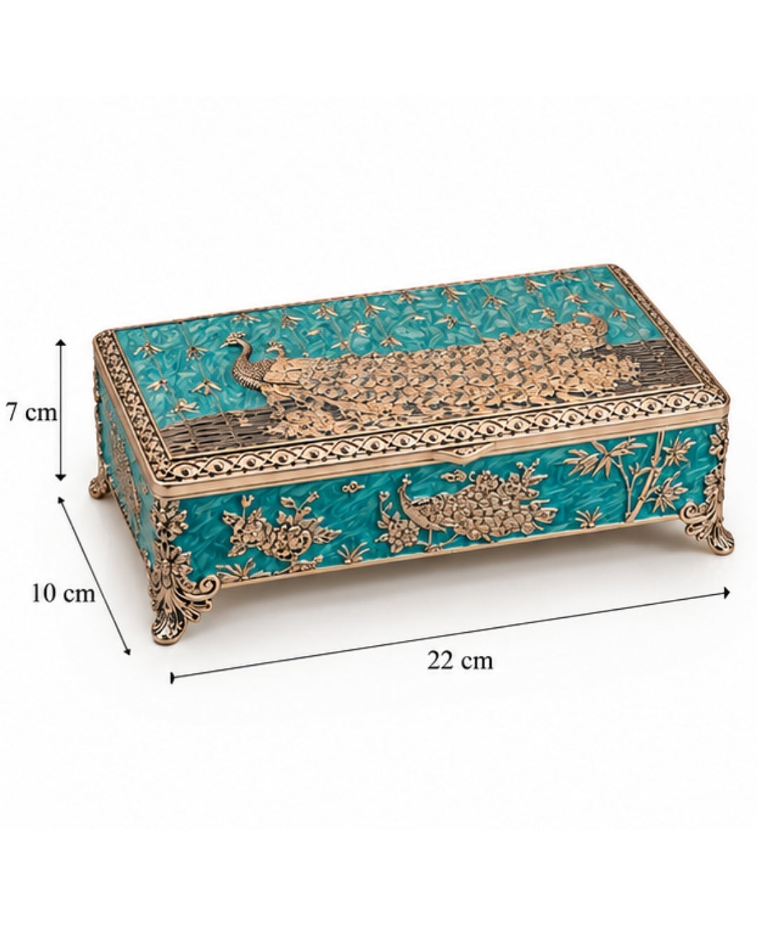 German Silver Shahi Mayur Rectangular Box – Enamel Work (Available in Turquoise Blue, Mint Green, Pearl White & Saffron Orange)