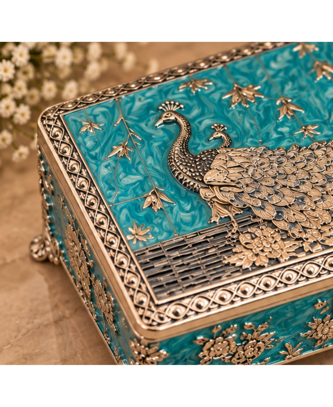 German Silver Shahi Mayur Rectangular Box – Enamel Work (Available in Turquoise Blue, Mint Green, Pearl White & Saffron Orange)