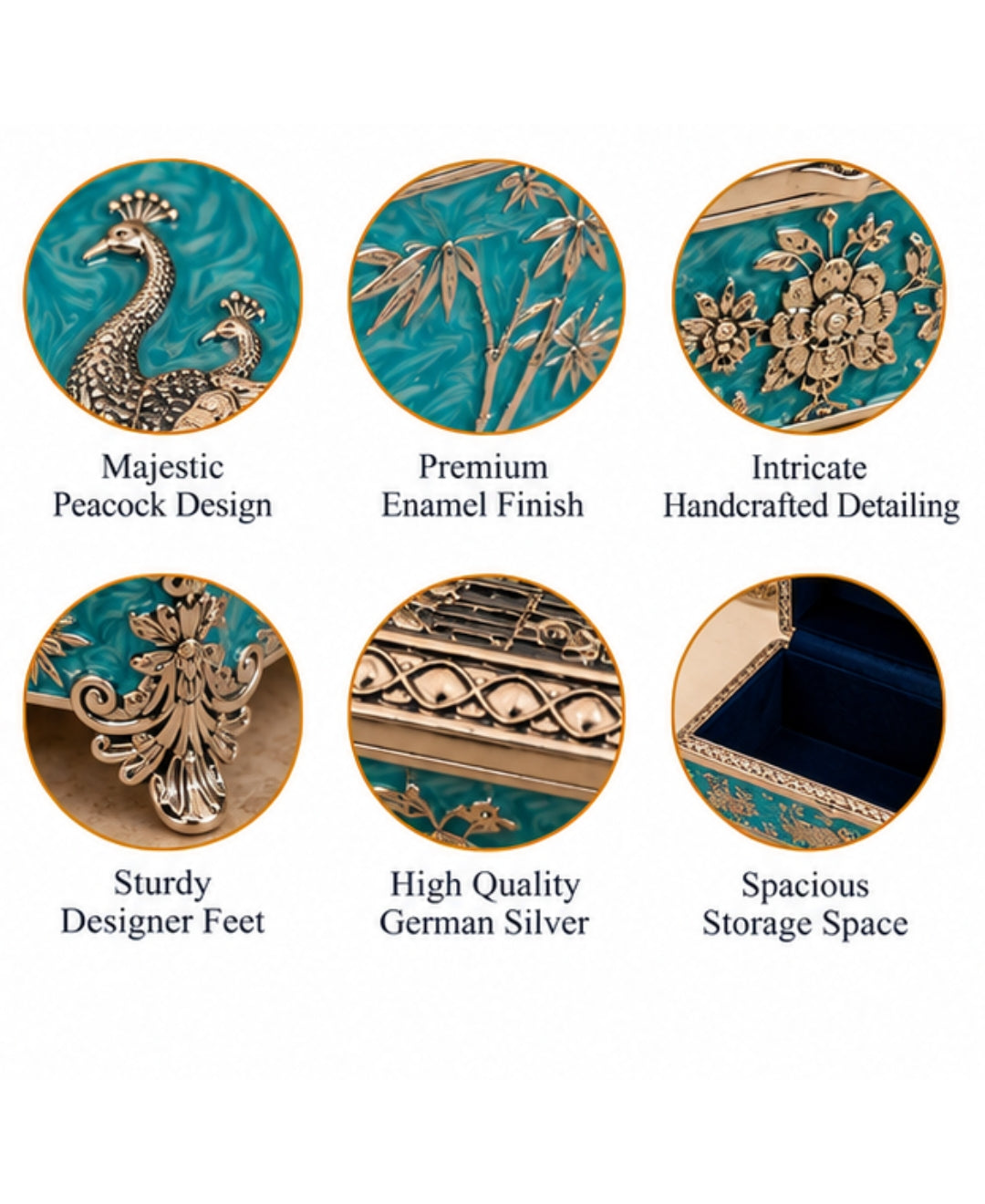 German Silver Shahi Mayur Rectangular Box – Enamel Work (Available in Turquoise Blue, Mint Green, Pearl White & Saffron Orange)