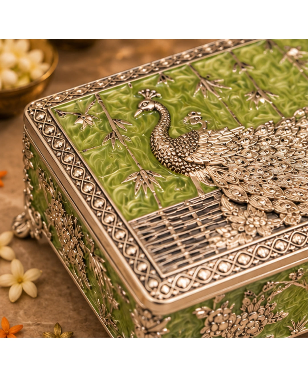 German Silver Shahi Mayur Rectangular Box – Enamel Work (Available in Turquoise Blue, Mint Green, Pearl White & Saffron Orange)