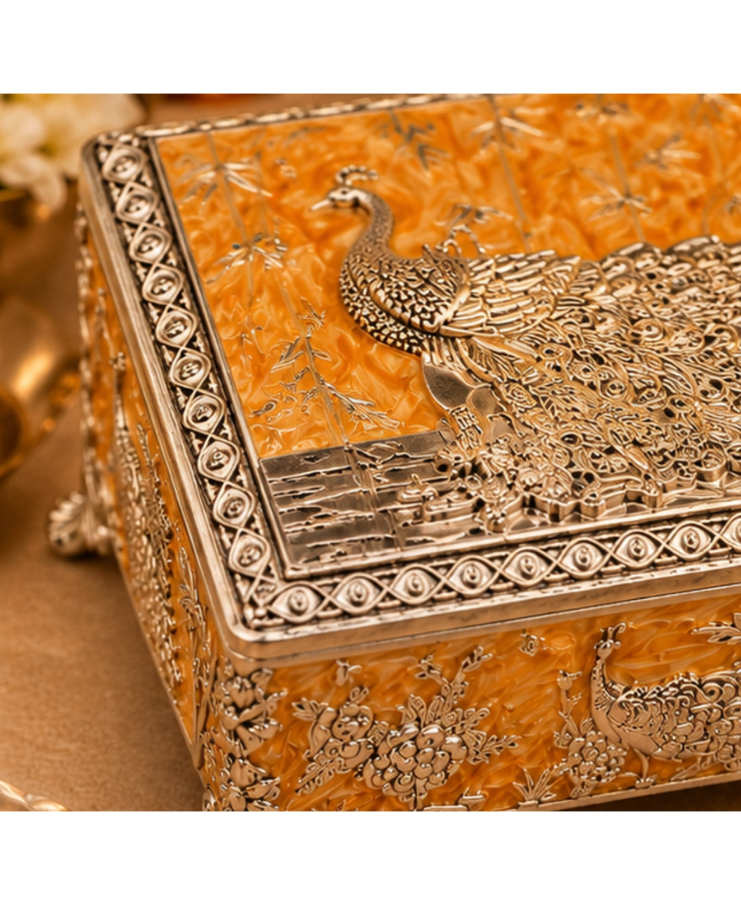 German Silver Shahi Mayur Rectangular Box – Enamel Work (Available in Turquoise Blue, Mint Green, Pearl White & Saffron Orange)