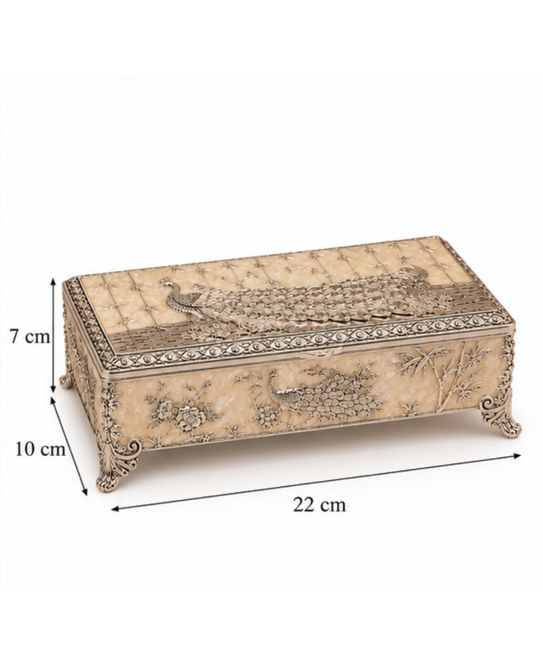 German Silver Shahi Mayur Rectangular Box – Enamel Work (Available in Turquoise Blue, Mint Green, Pearl White & Saffron Orange)