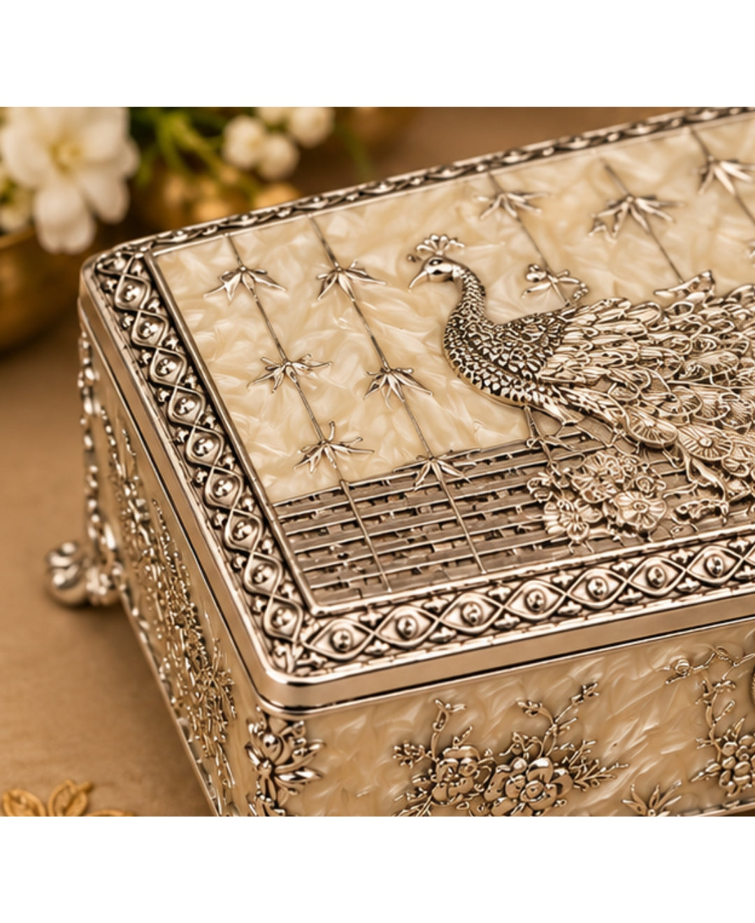 German Silver Shahi Mayur Rectangular Box – Enamel Work (Available in Turquoise Blue, Mint Green, Pearl White & Saffron Orange)