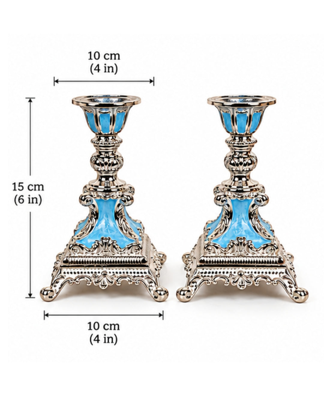German Silver Candle Stand Set of 2 – Sky Blue Enamel