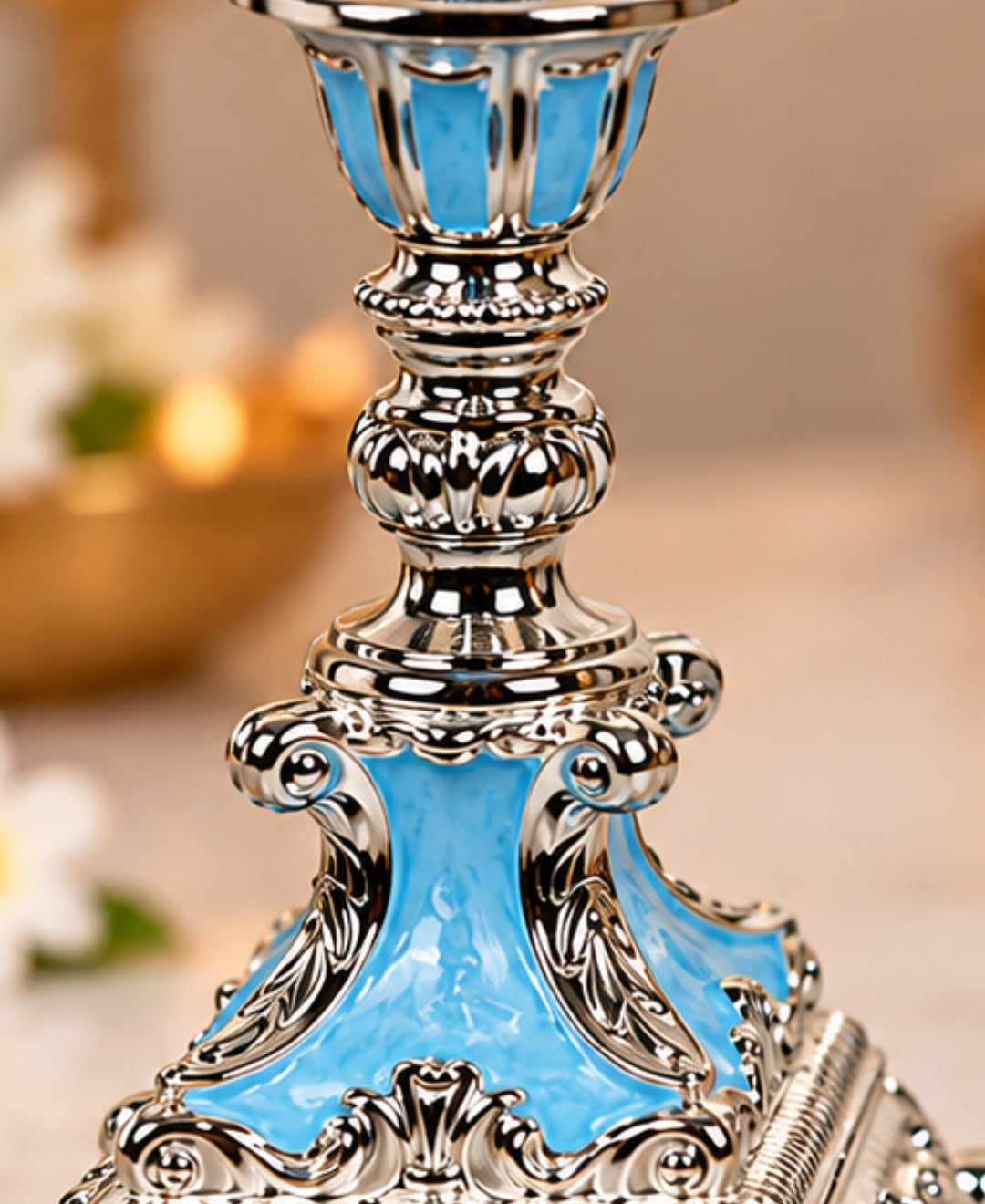 German Silver Candle Stand Set of 2 – Sky Blue Enamel