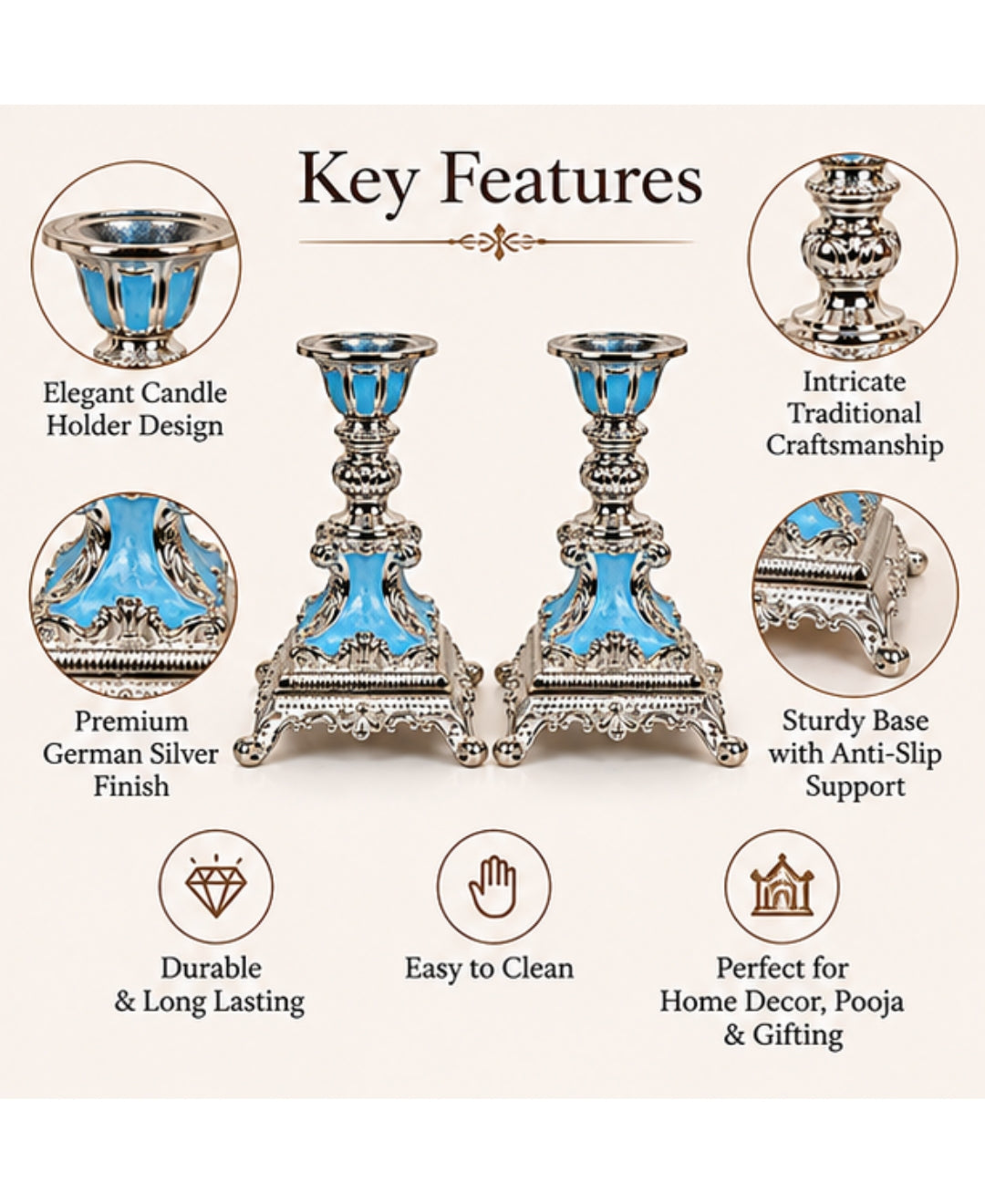 German Silver Candle Stand Set of 2 – Sky Blue Enamel
