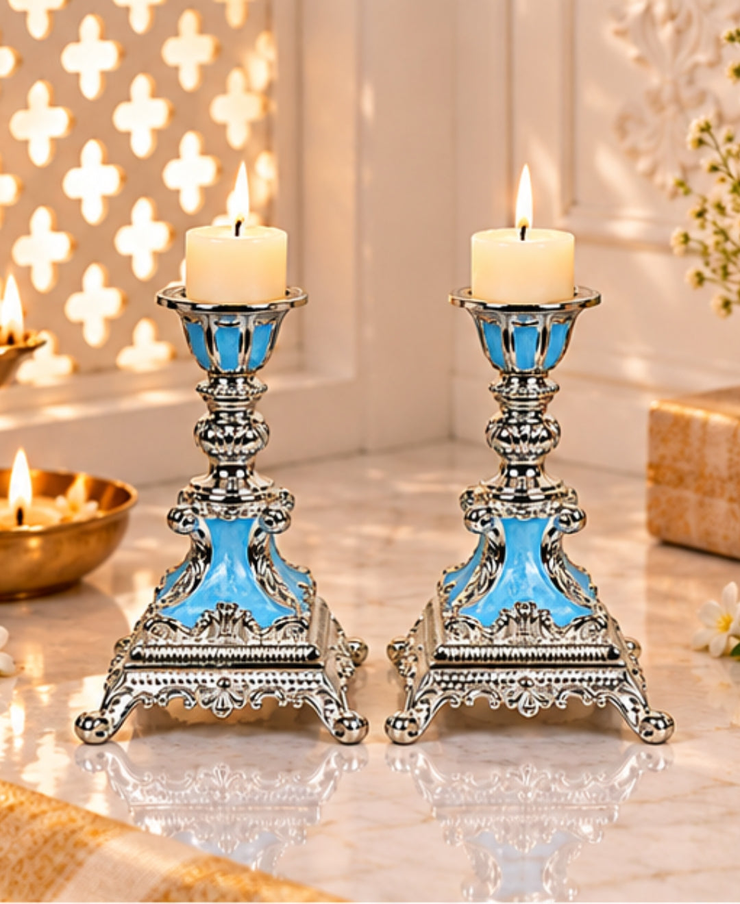 German Silver Candle Stand Set of 2 – Sky Blue Enamel
