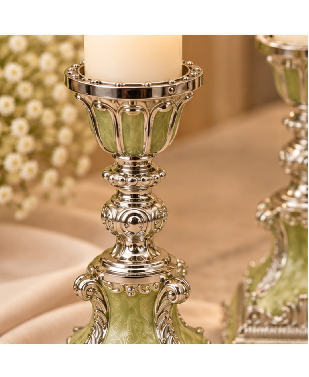 German Silver Candle Stand Set of 2 – Mint Green Enamel