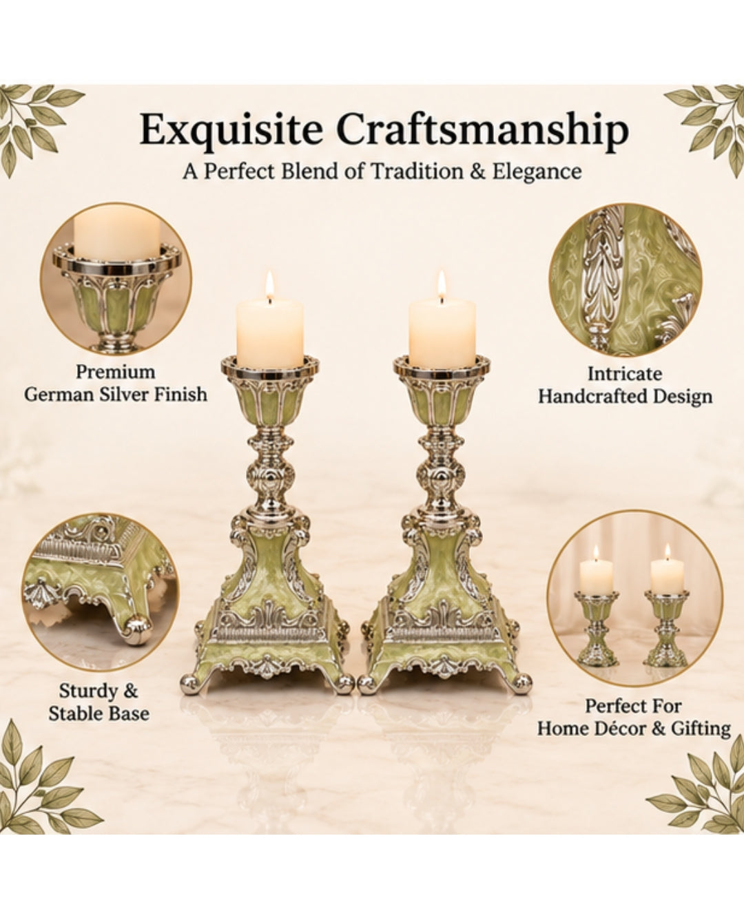 German Silver Candle Stand Set of 2 – Mint Green Enamel
