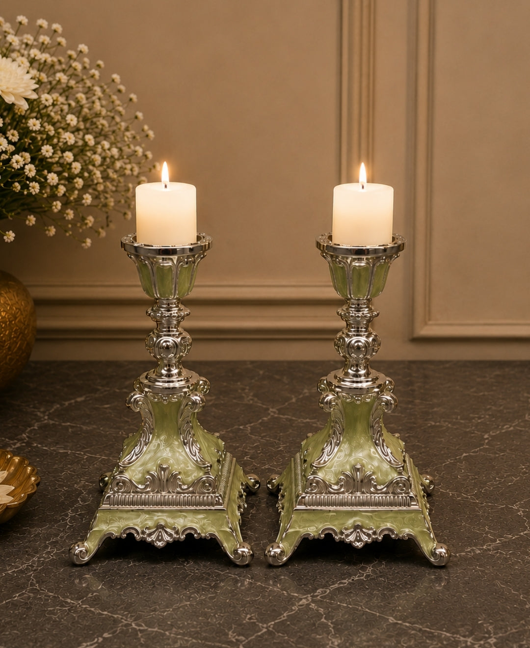 German Silver Candle Stand Set of 2 – Mint Green Enamel