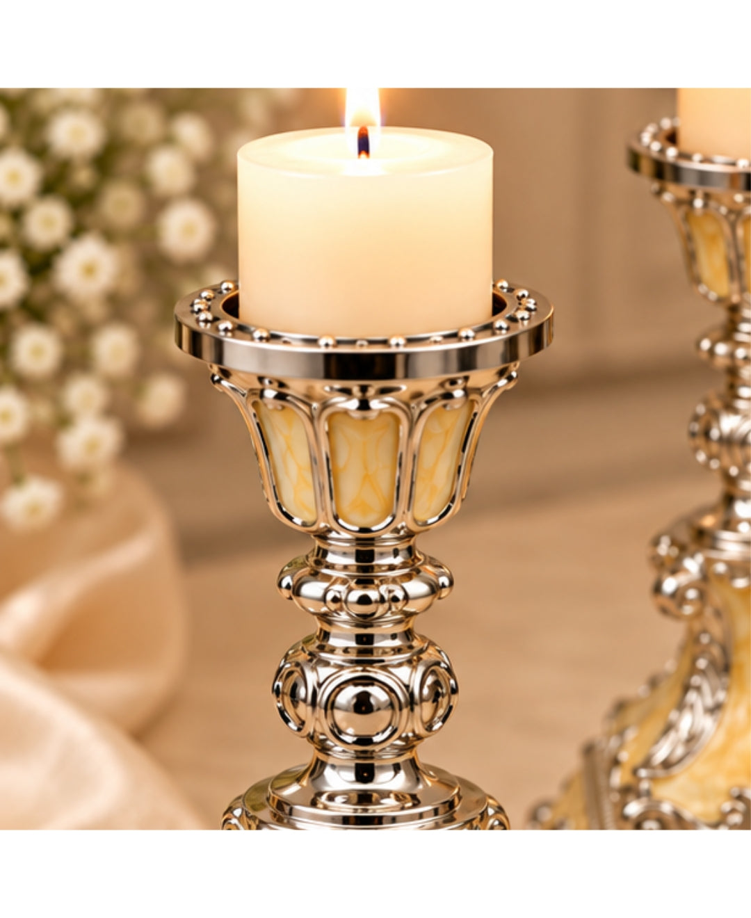 German Silver Candle Stand Set of 2 – Saffron Orange Enamel