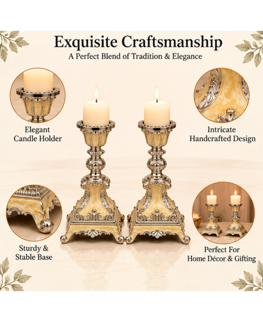German Silver Candle Stand Set of 2 – Saffron Orange Enamel