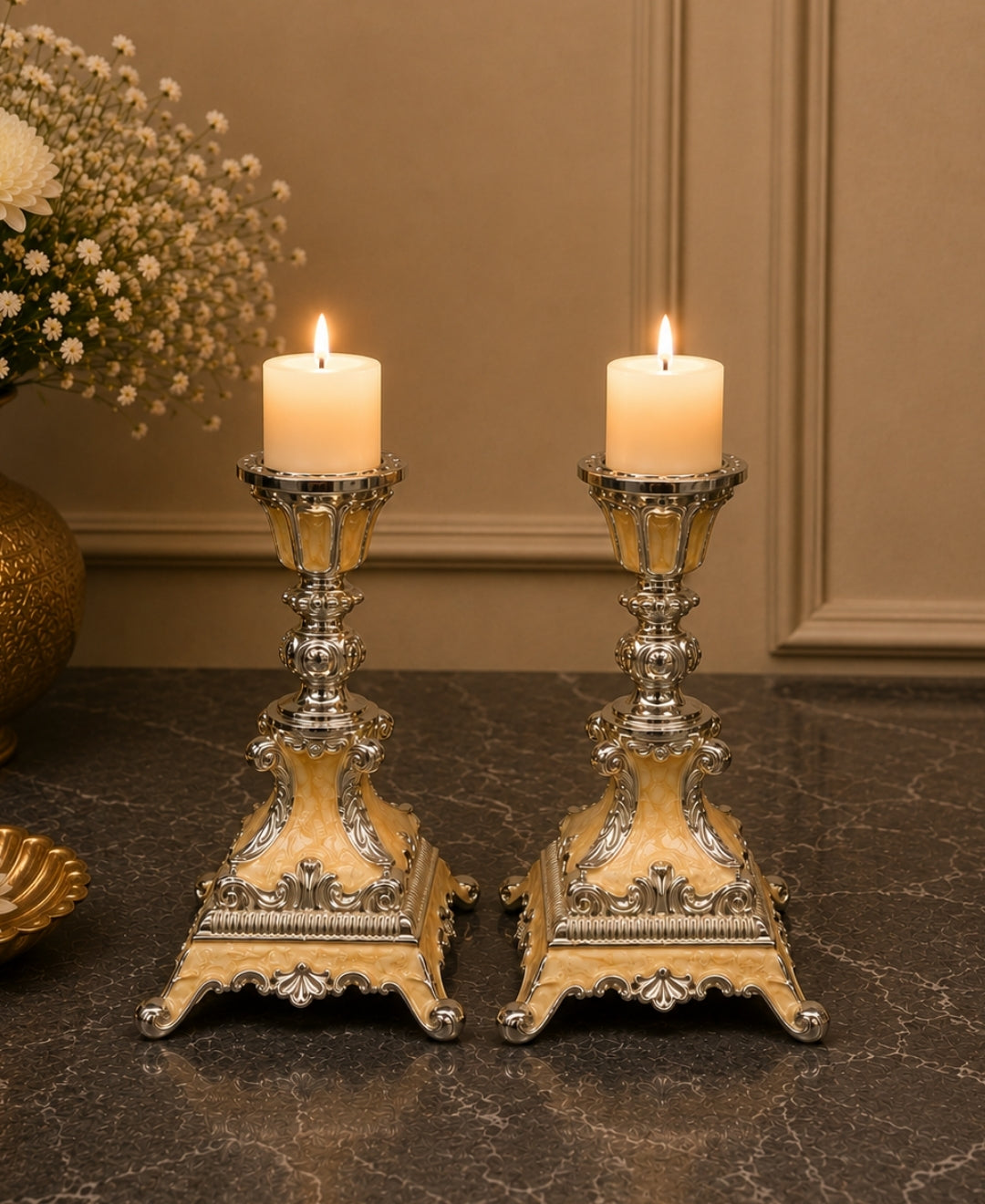 German Silver Candle Stand Set of 2 – Saffron Orange Enamel