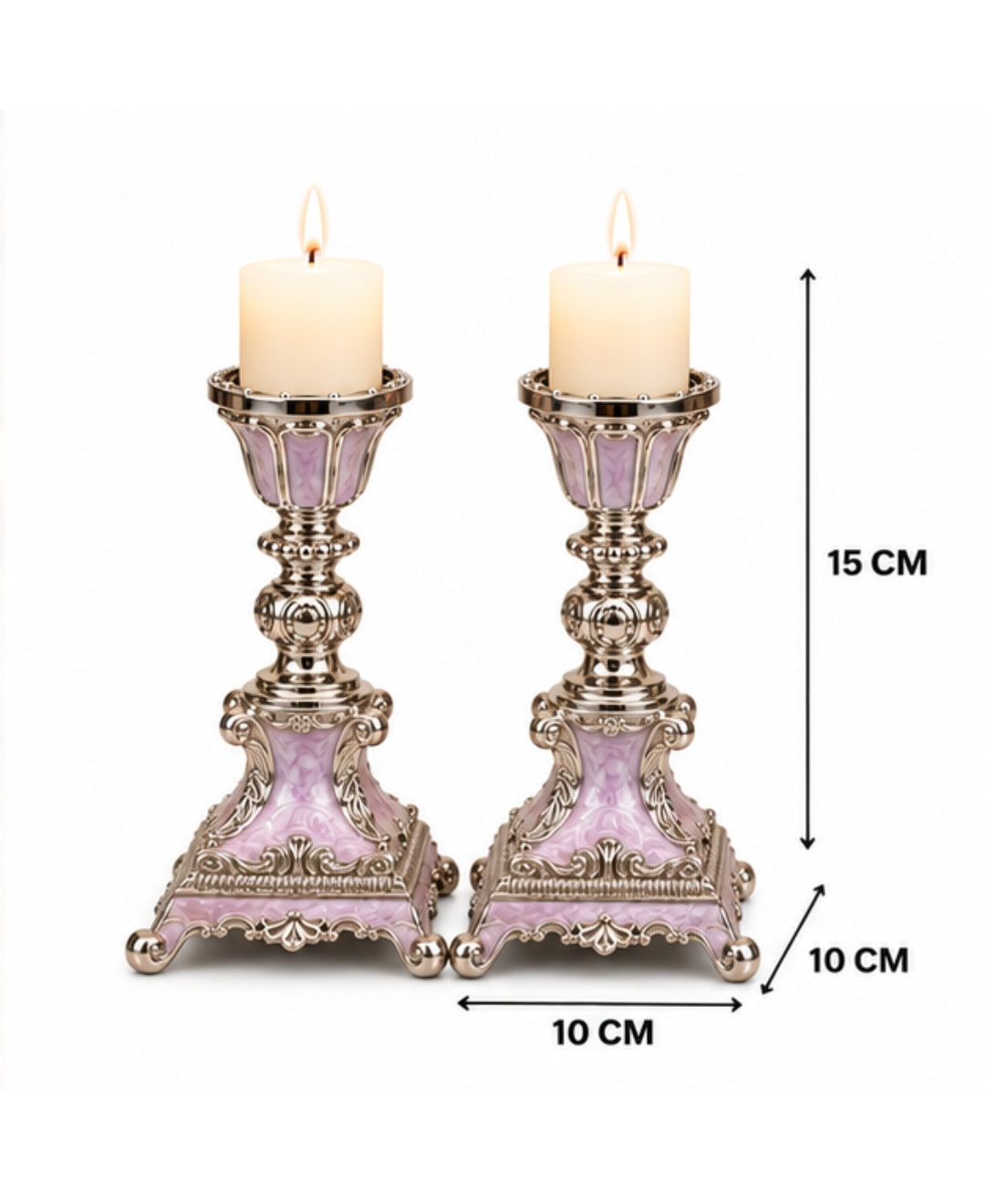 German Silver Candle Stand Set of 2 – Lilac Pink Enamel