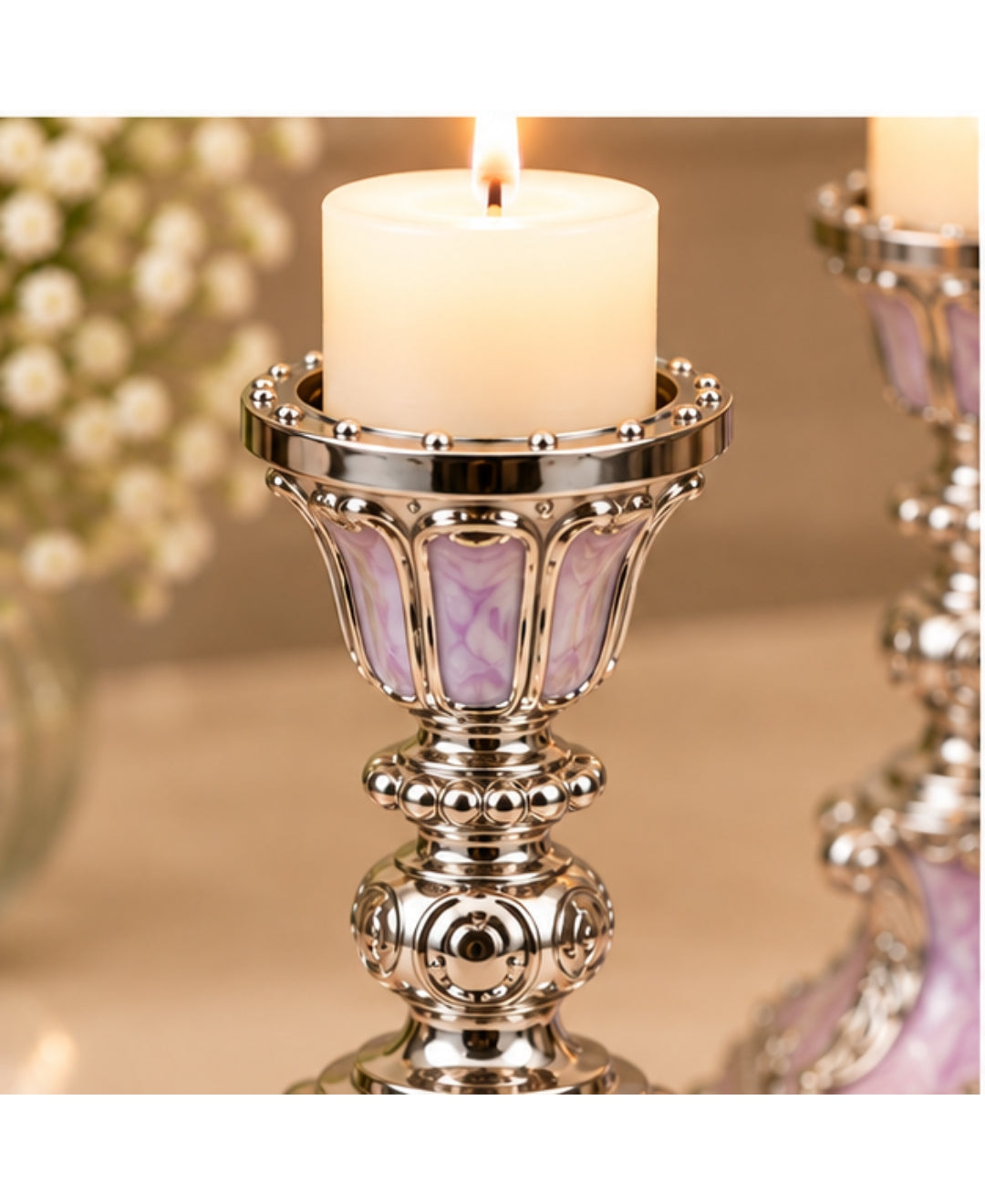 German Silver Candle Stand Set of 2 – Lilac Pink Enamel
