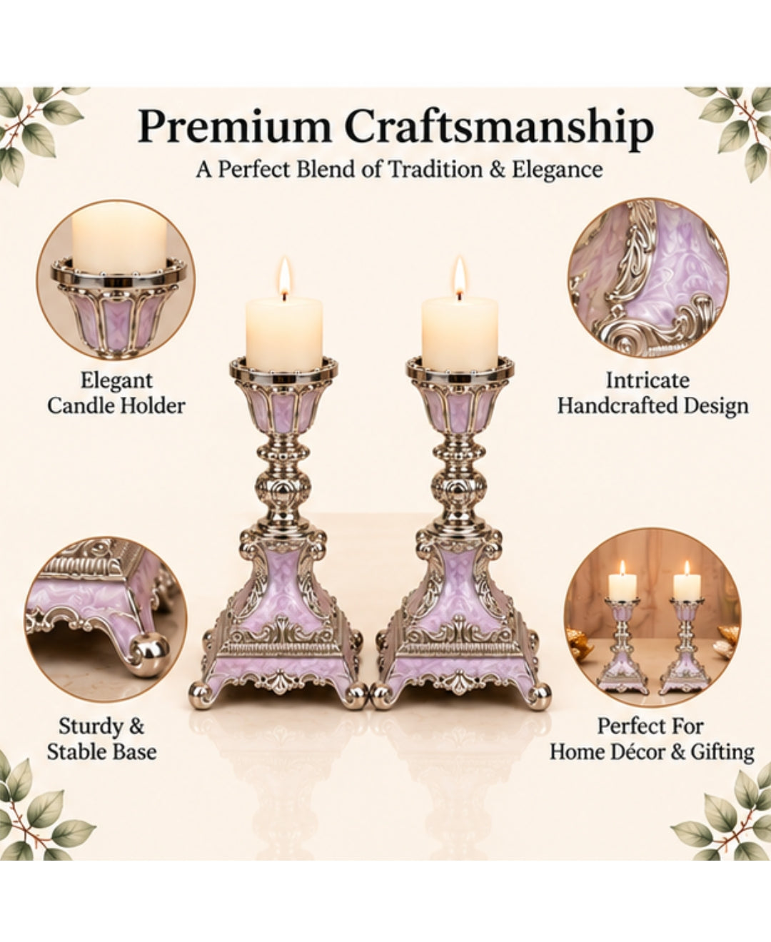 German Silver Candle Stand Set of 2 – Lilac Pink Enamel