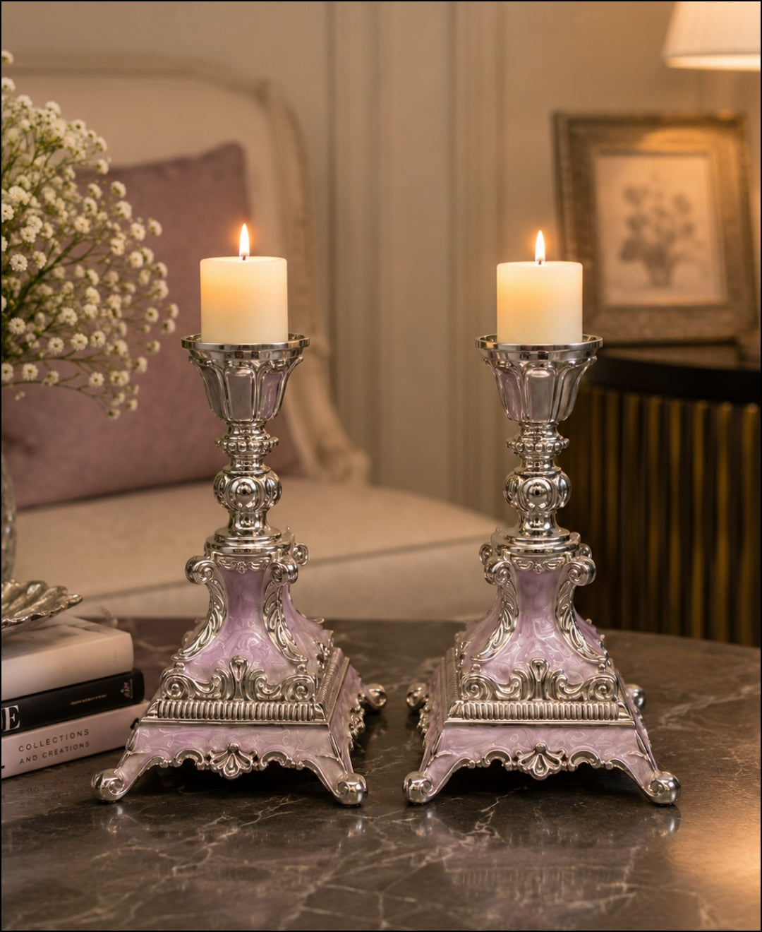 German Silver Candle Stand Set of 2 – Lilac Pink Enamel
