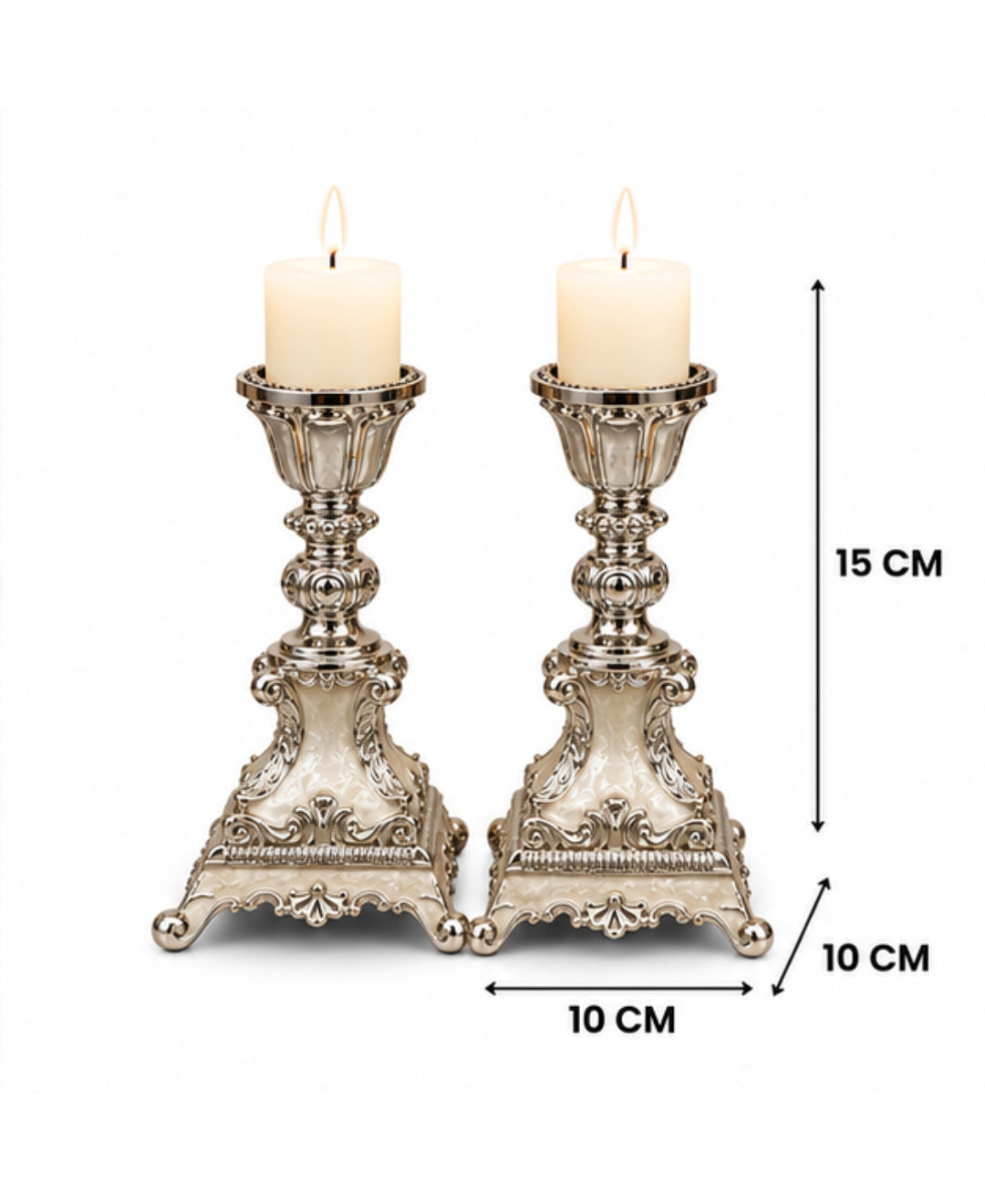 German Silver Candle Stand Set of 2 – Pearl White Enamel