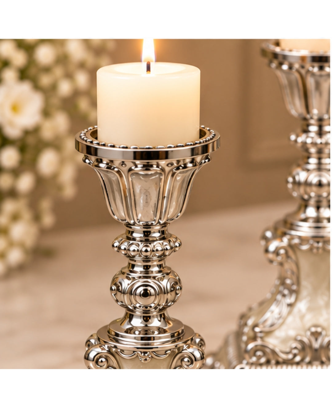 German Silver Candle Stand Set of 2 – Pearl White Enamel